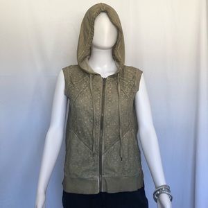 DKNY Jeans S green crocheted hooded vest EUC